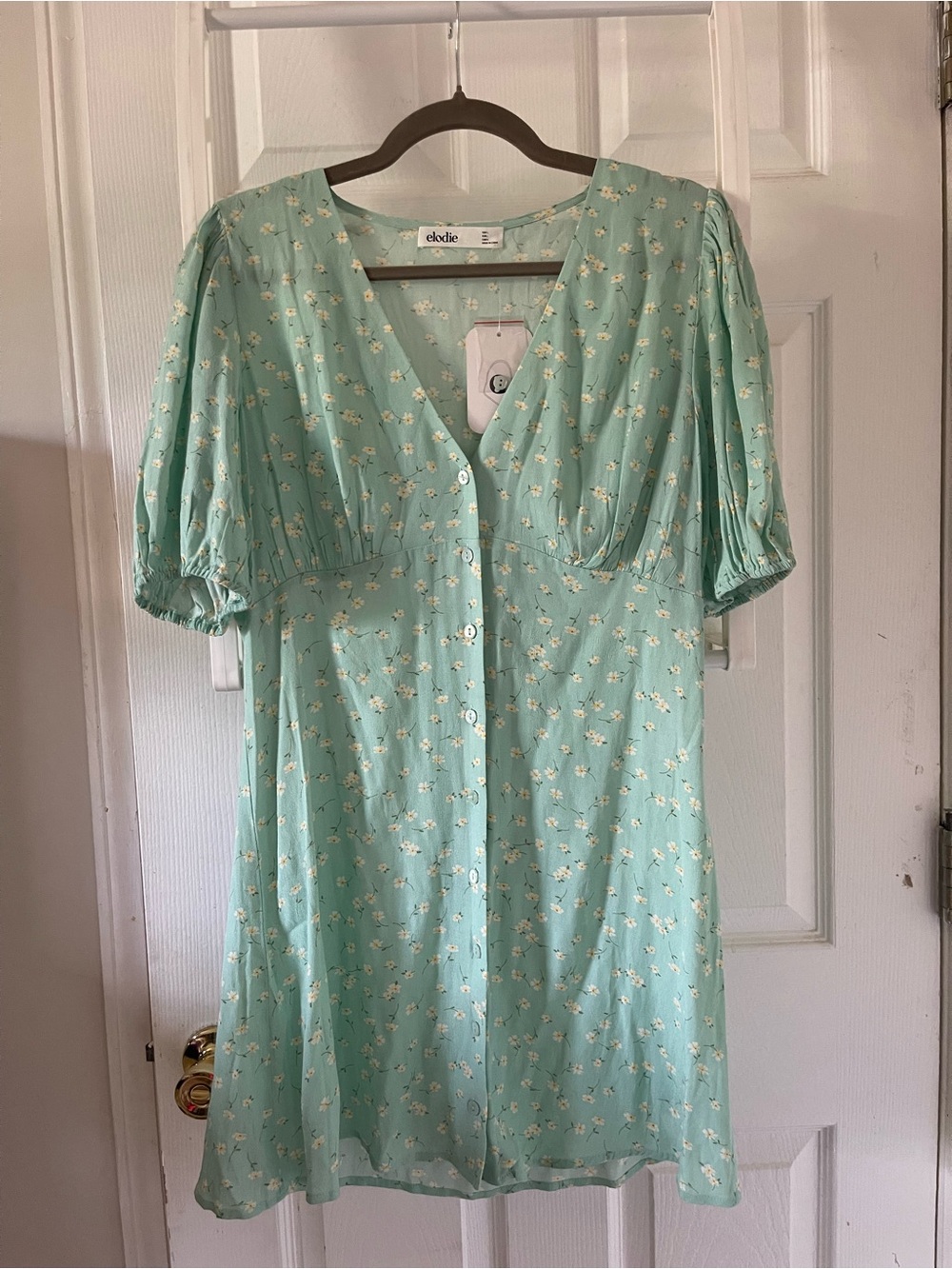 Elodie NWT Mint Green Floral Puff Sleeve Button Front Mini Dress